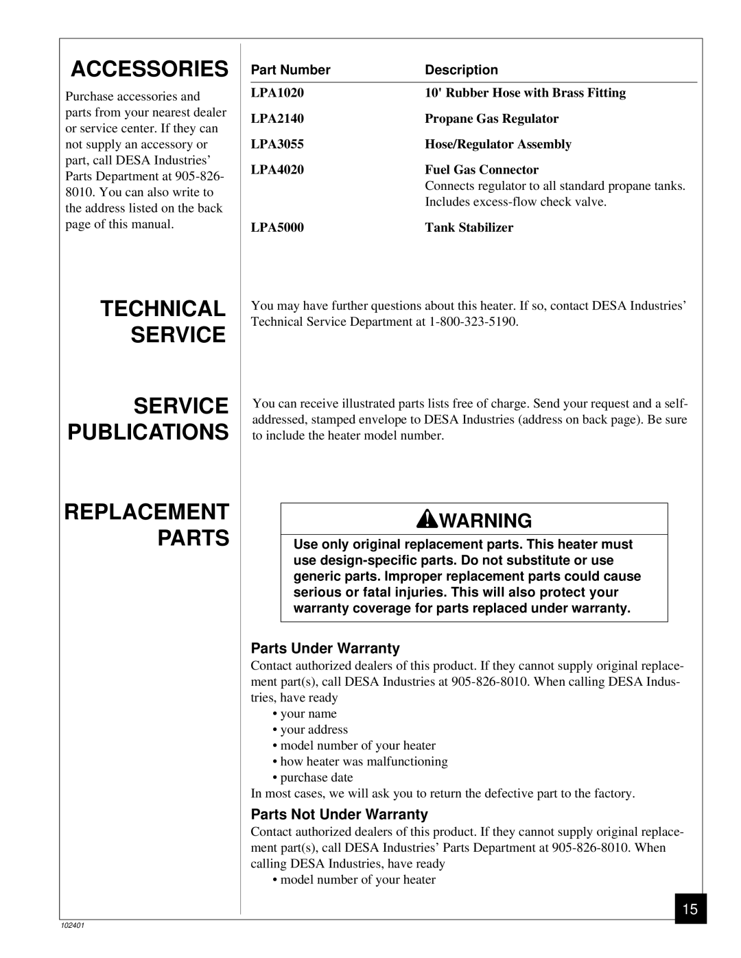 Desa RCLP50A owner manual Accessories, Technical Service Service Publications Replacement Parts, Parts Under Warranty 