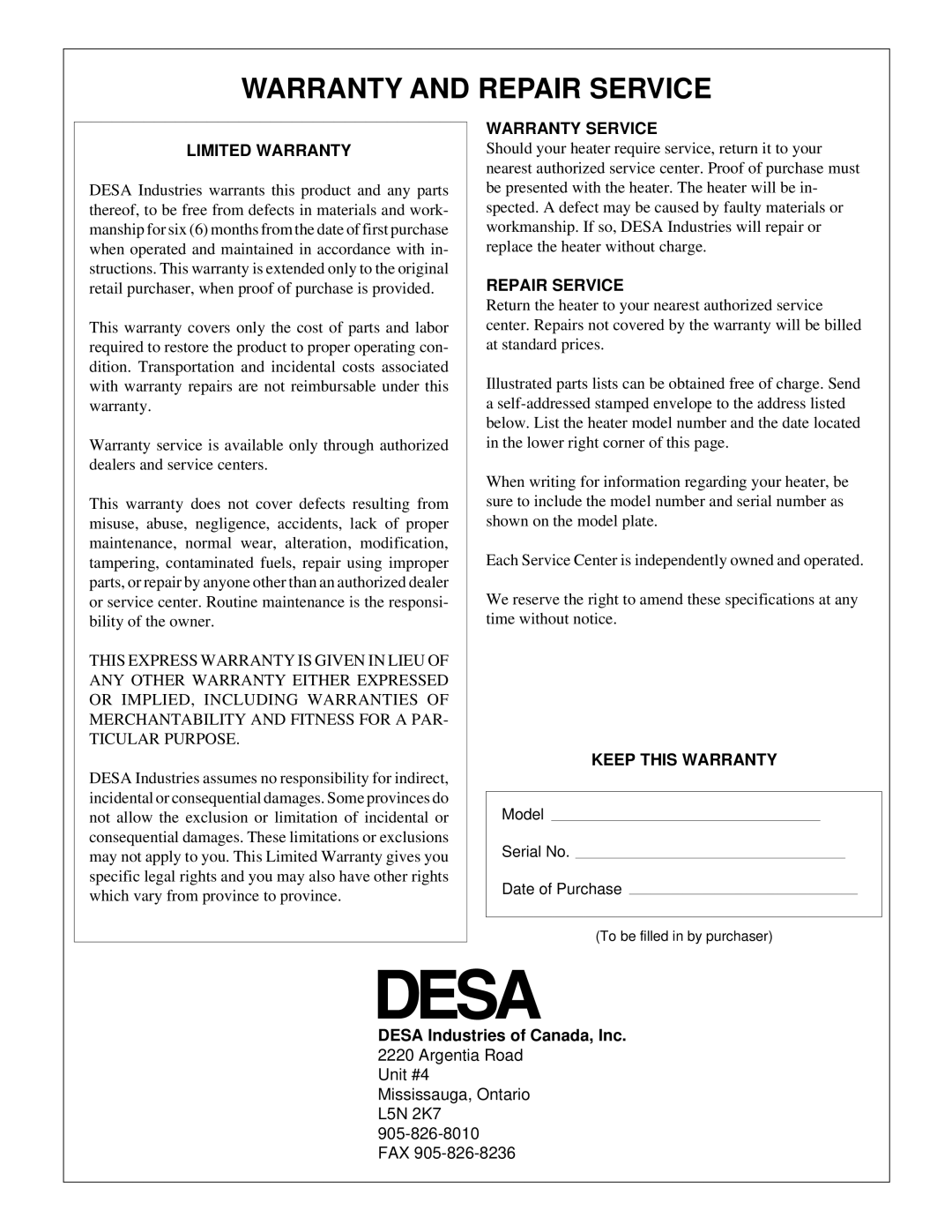 Desa RCLP50A owner manual Warranty and Repair Service, Limited Warranty 