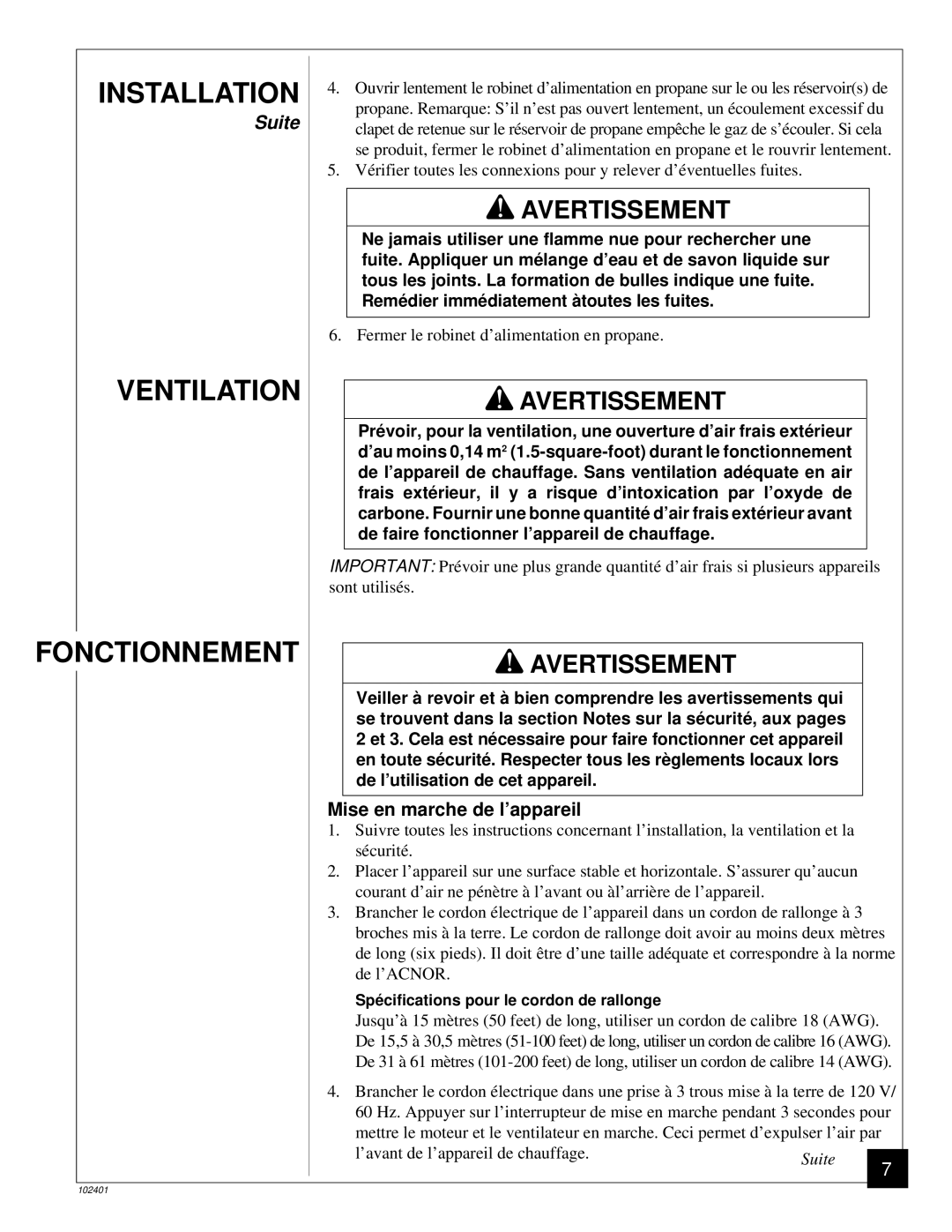 Desa RCLP50A owner manual Ventilation Fonctionnement, Mise en marche de l’appareil 