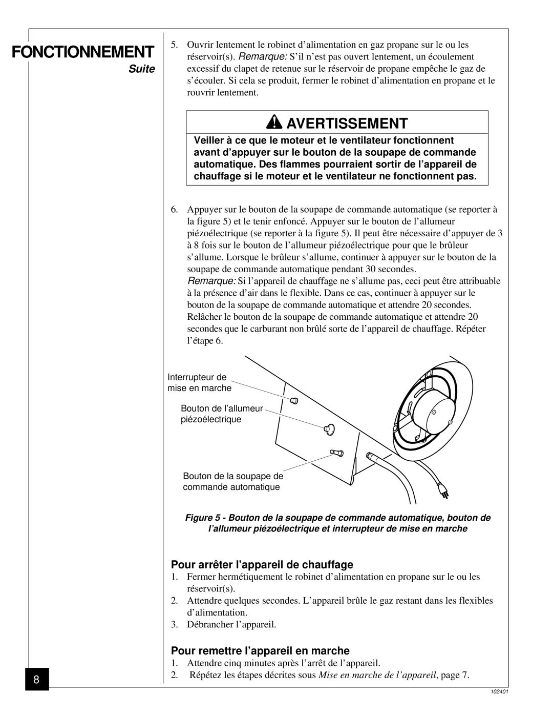 Desa RCLP50A owner manual Pour arrê ter l’appareil de chauffage, Pour remettre l’appareil en marche 