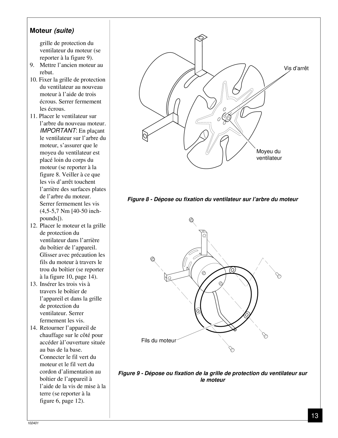 Desa RCLP50A owner manual Moteur suite, Dé pose ou fixation du ventilateur sur l’arbre du moteur 