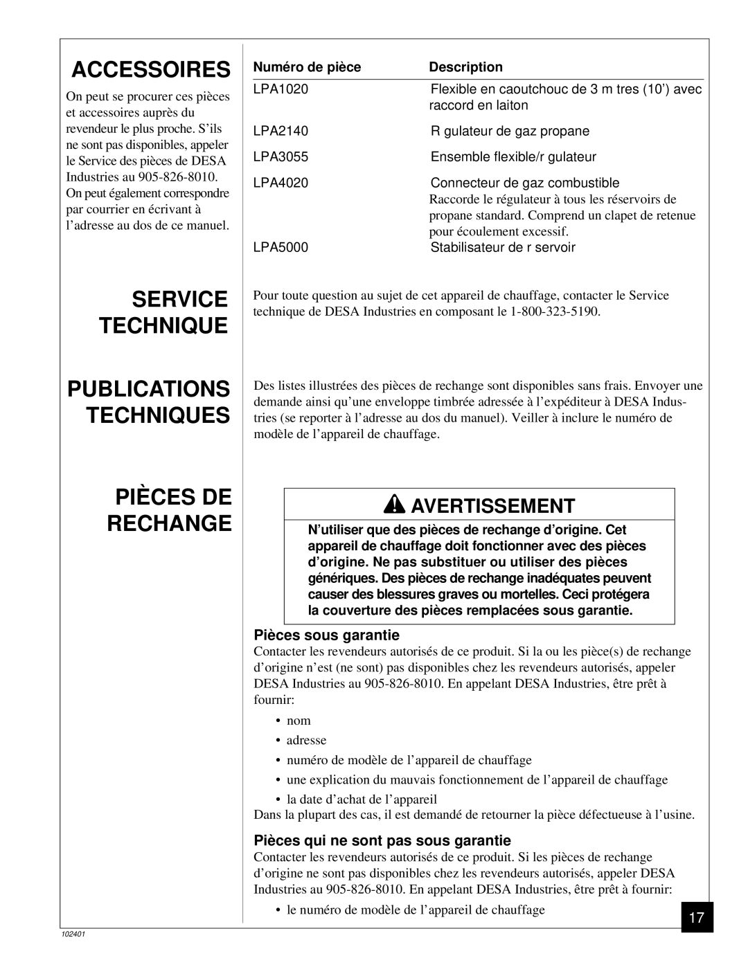 Desa RCLP50A owner manual Accessoires, Service Technique Publications Techniques, Piè ces sous garantie 