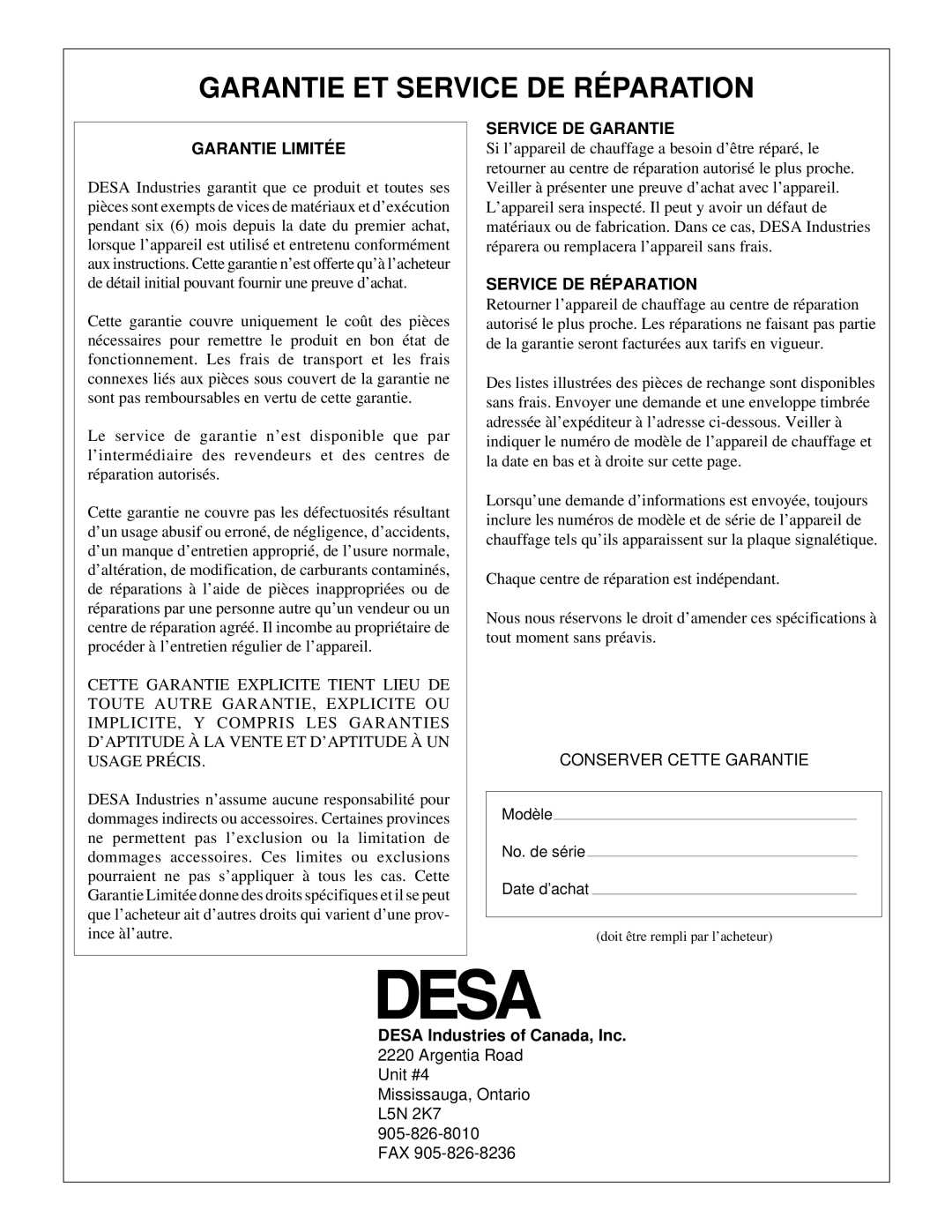 Desa RCLP50A owner manual Garantie ET Service DE RÉ Paration, Garantie Limité E 