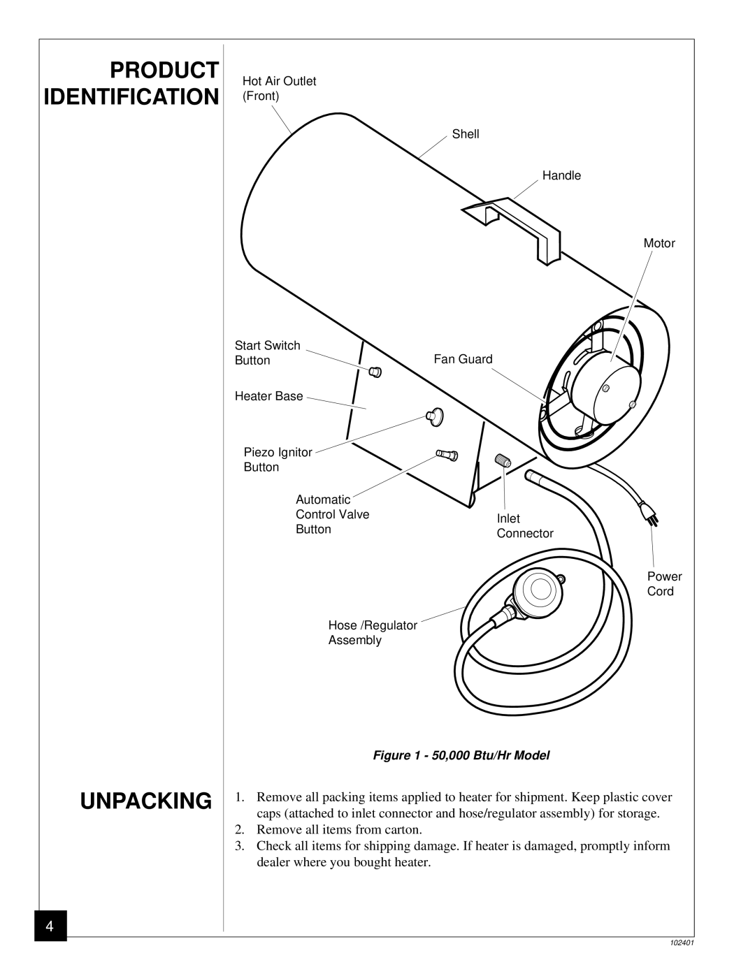 Desa RCLP50A owner manual Unpacking, 50,000 Btu/Hr Model 