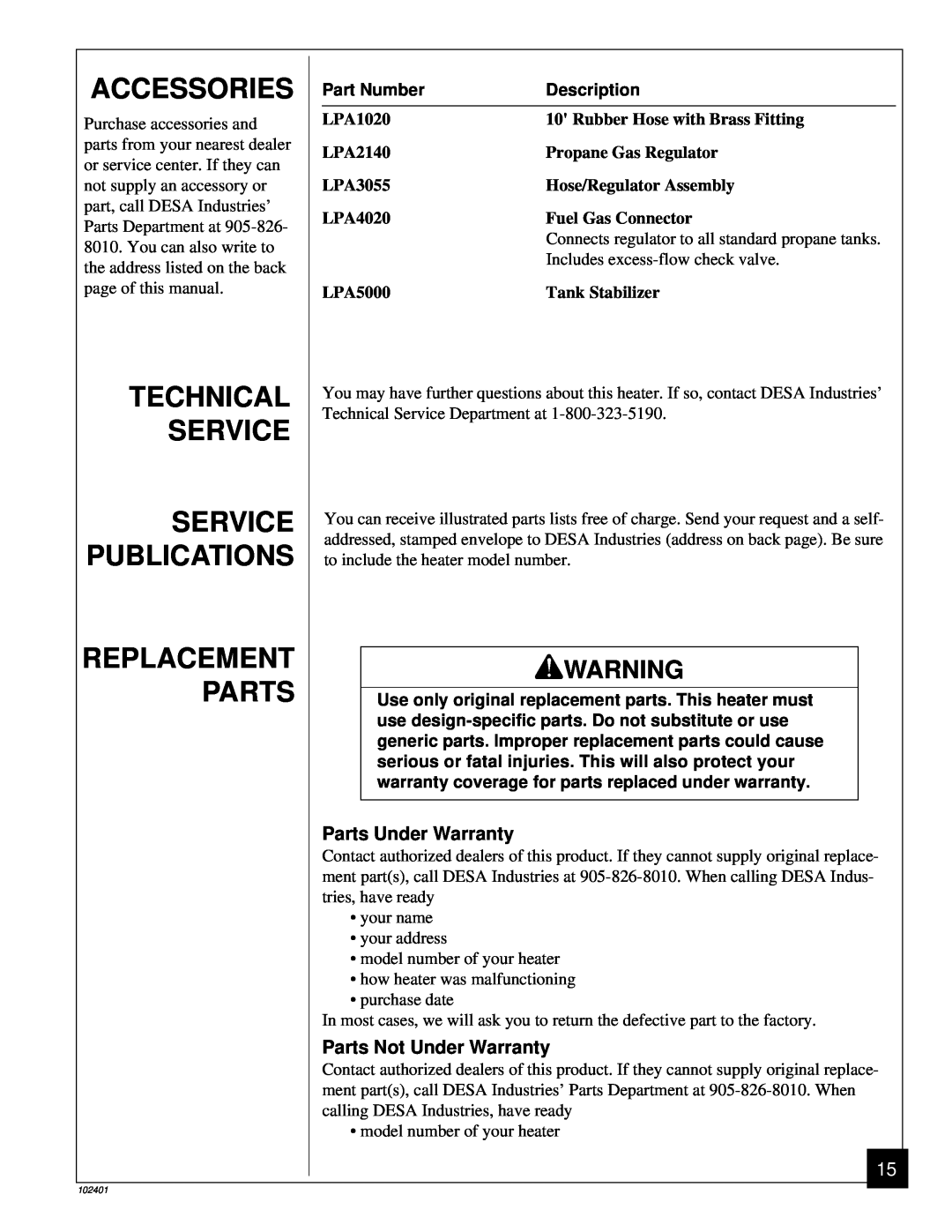 Desa RCLP50A Accessories, Technical Service Service Publications, Replacement Parts, Parts Under Warranty, Part Number 