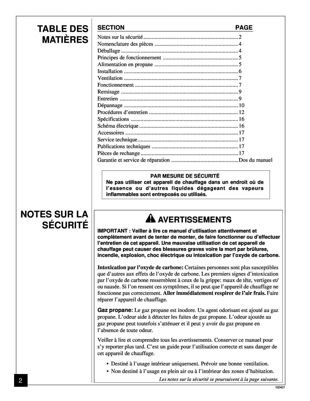 Desa RCLP50A owner manual Table Des Matières Notes Sur La Sécurité, Avertissements, Section, Page 