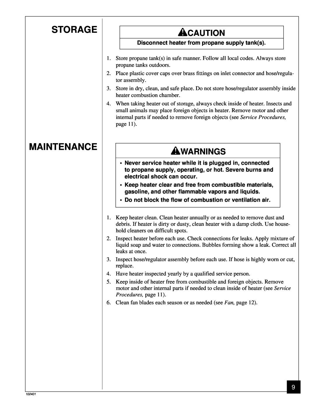 Desa RCLP50A owner manual Storage Maintenance, Disconnect heater from propane supply tanks, Warnings 