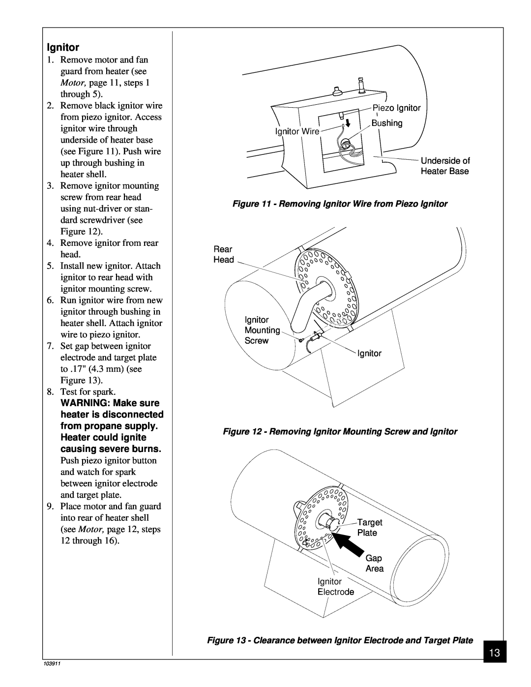 Desa RCLP50B owner manual Ignitor, WARNING Make sure, from propane supply, Heater could ignite, causing severe burns 