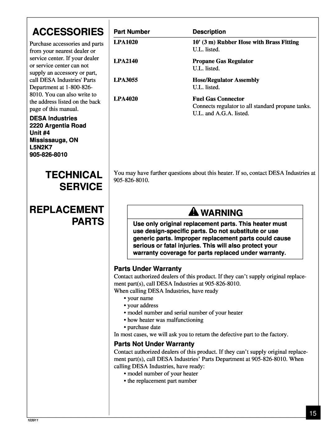Desa RCLP50B owner manual Accessories, Technical Service Replacement Parts, Part Number, Description 