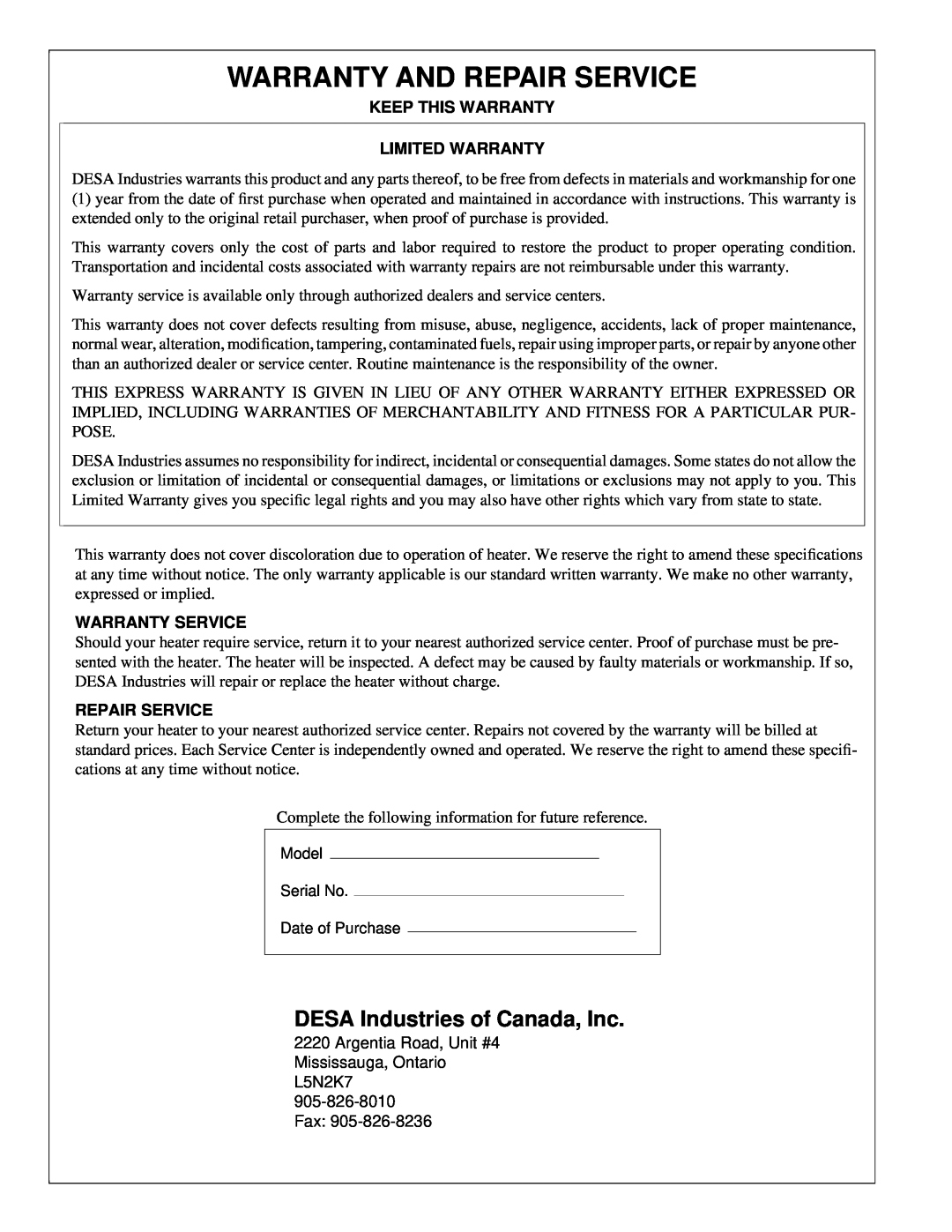 Desa RCLP50B owner manual Warranty And Repair Service, DESA Industries of Canada, Inc, Keep This Warranty Limited Warranty 