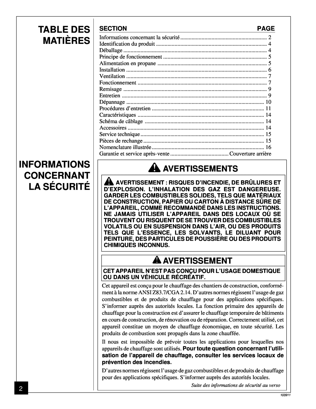 Desa RCLP50B owner manual Table Des Matières, Informations Concernant La Sécurité, Avertissement 