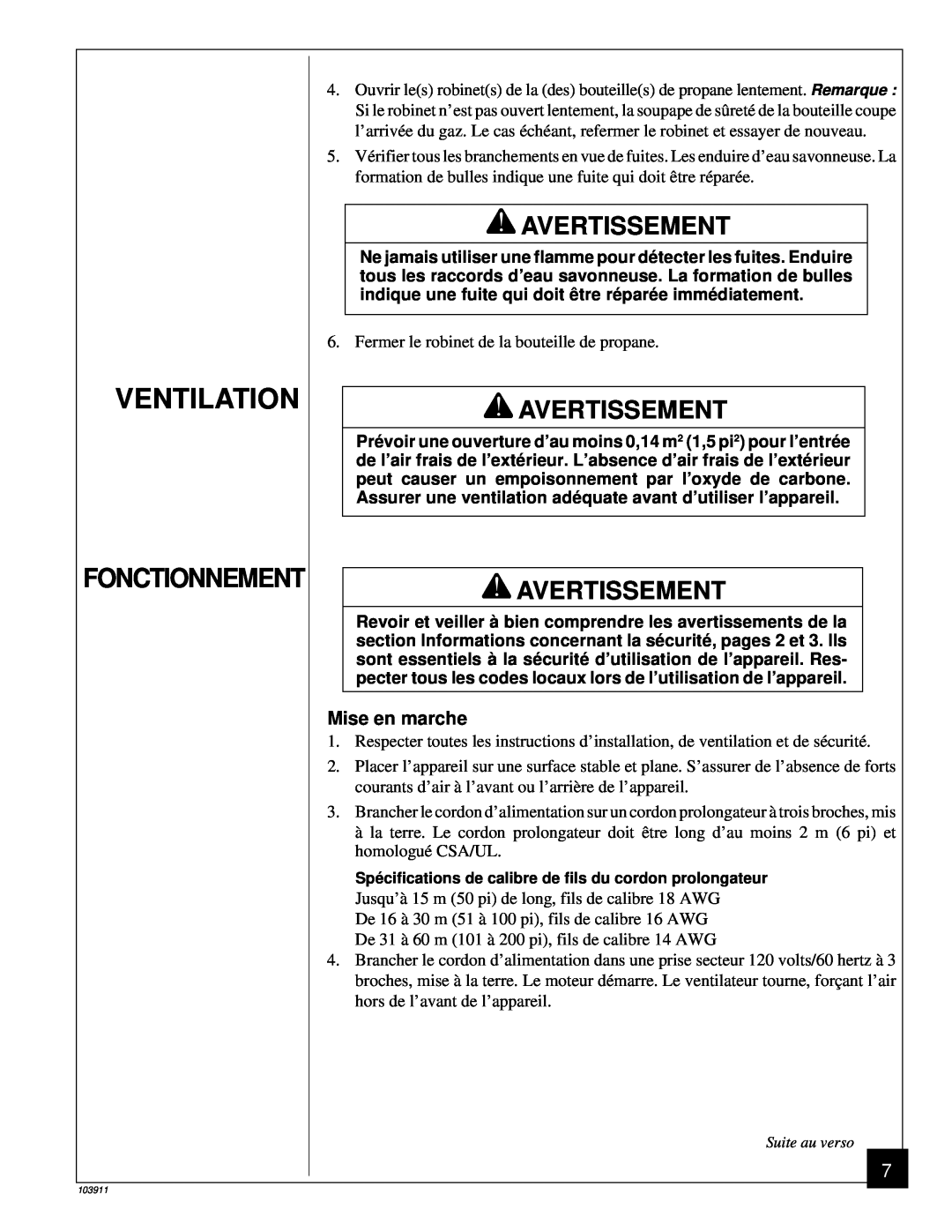 Desa RCLP50B owner manual Ventilation, Fonctionnement, Avertissement 