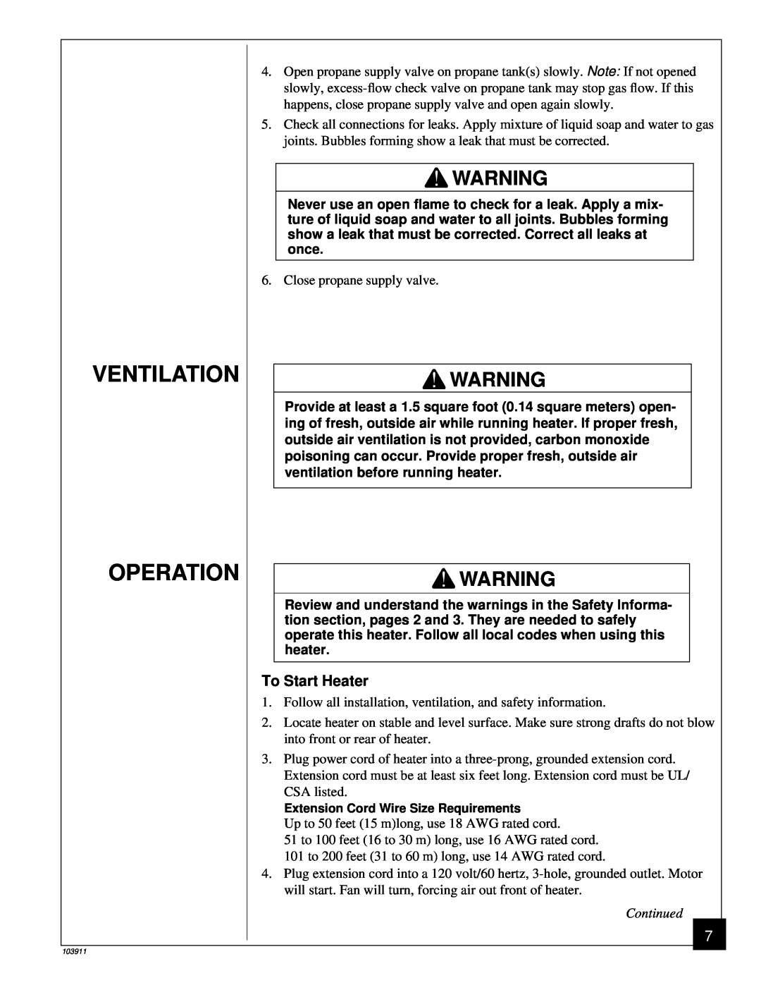 Desa RCLP50B owner manual Ventilation Operation, To Start Heater 