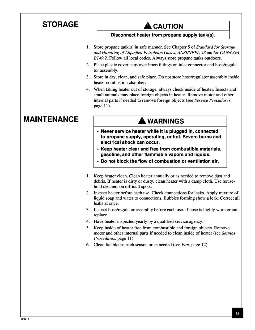 Desa RCLP50B owner manual Storage Maintenance, Warnings, Disconnect heater from propane supply tanks 