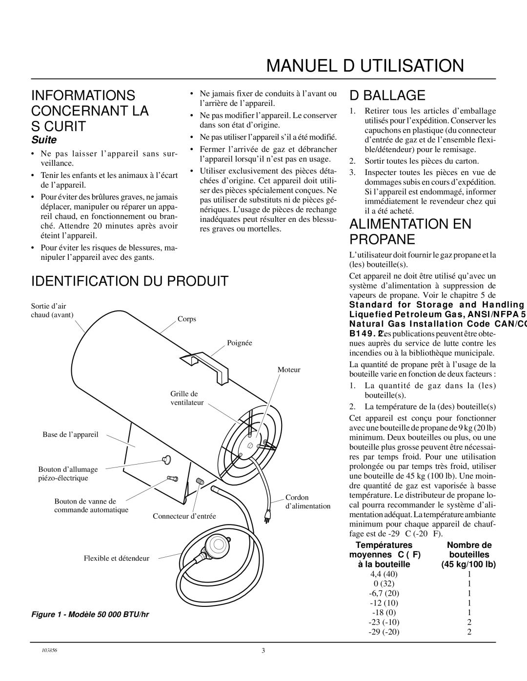 Desa RCLP50V owner manual Déballage, Alimentation EN Propane, Identification DU Produit, Nombre de, Moyennes C F Bouteilles 