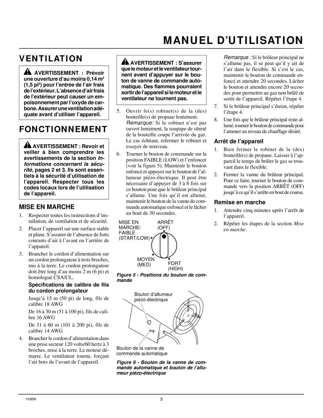 Desa RCLP50V owner manual Fonctionnement, Mise EN Marche, Spécifications de calibre de fils du cordon prolongateur 