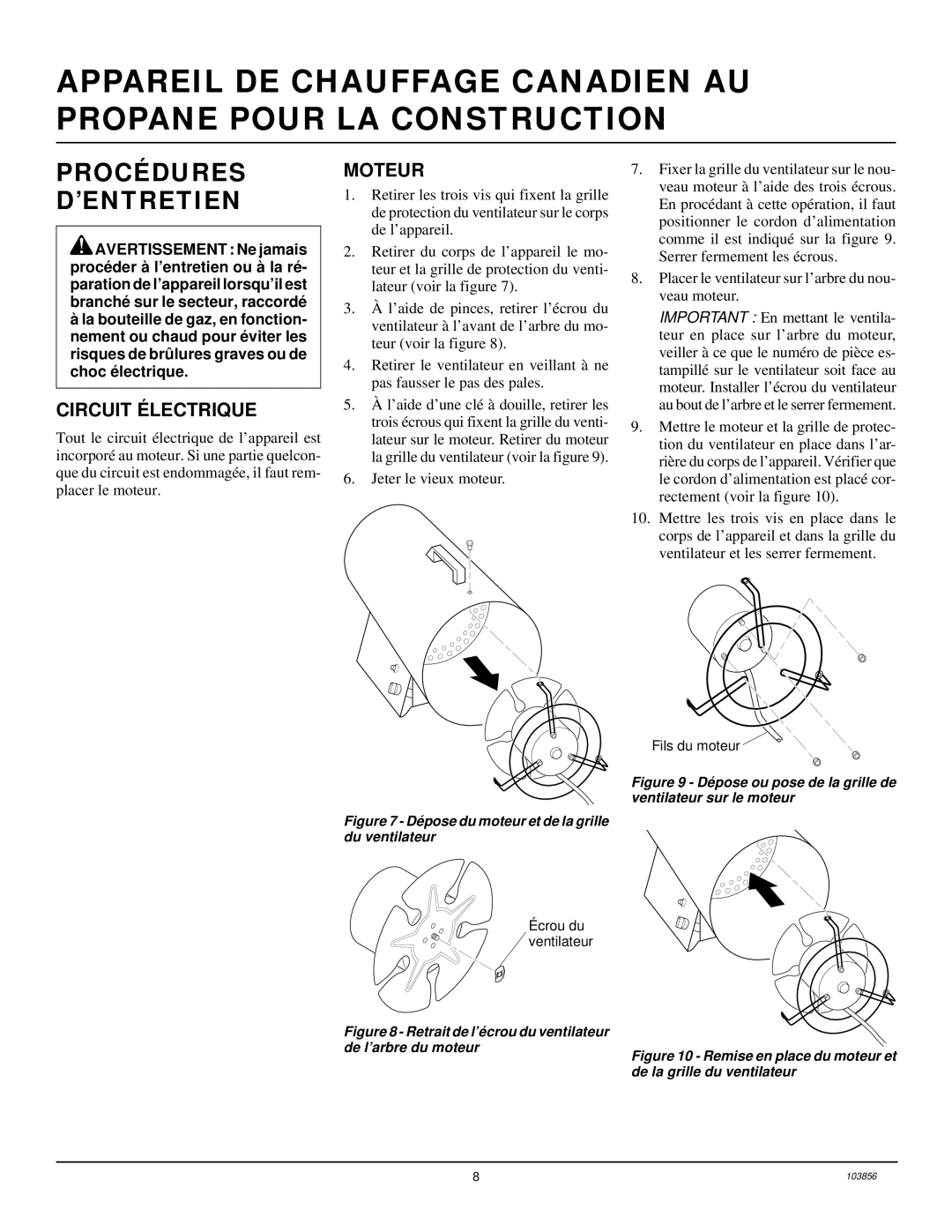 Desa RCLP50V owner manual Procédures ’ENTRETIEN, Circuit Électrique, Moteur 