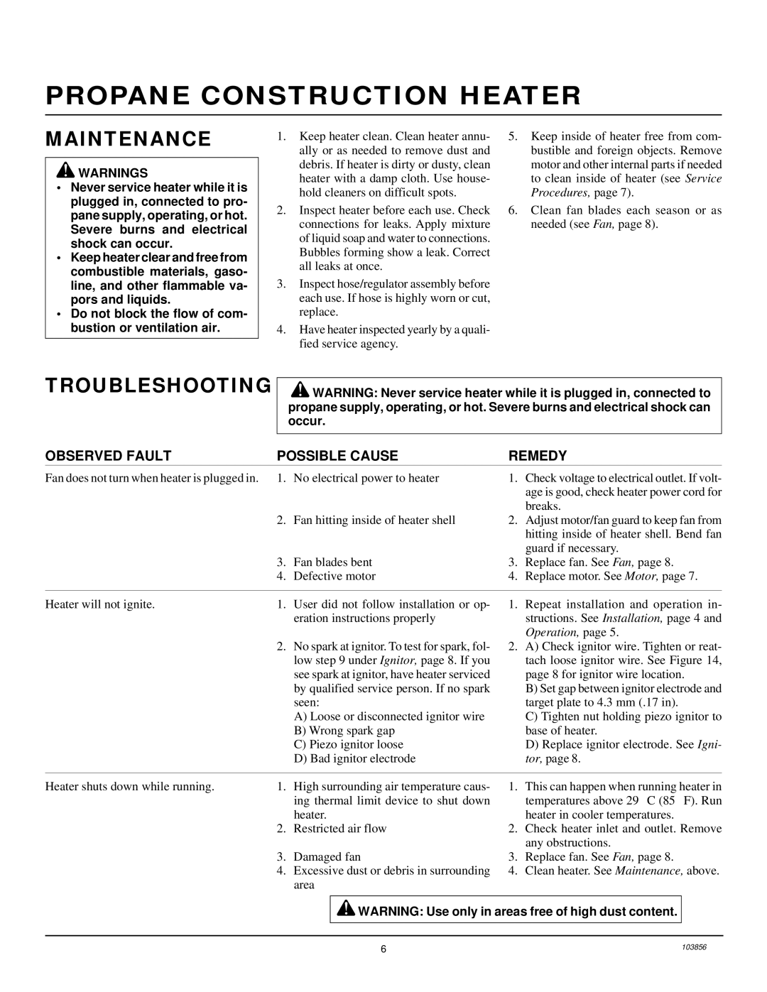 Desa RCLP50V owner manual Maintenance, Troubleshooting, Do not block the flow of com- bustion or ventilation air 