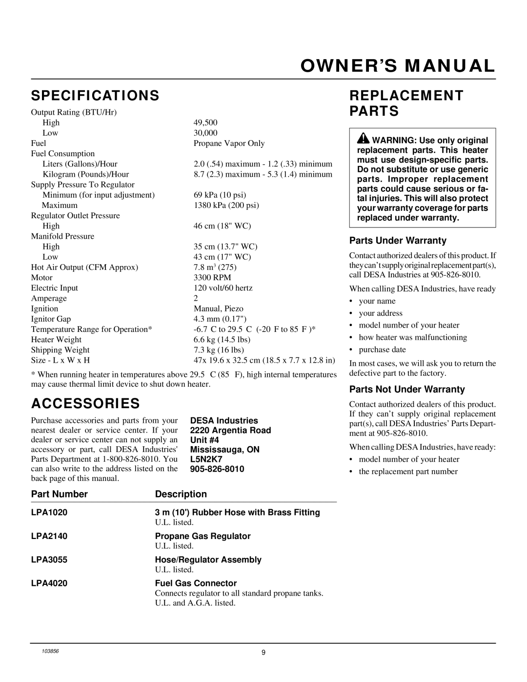 Desa RCLP50V owner manual Specifications, Replacement Parts, Accessories 