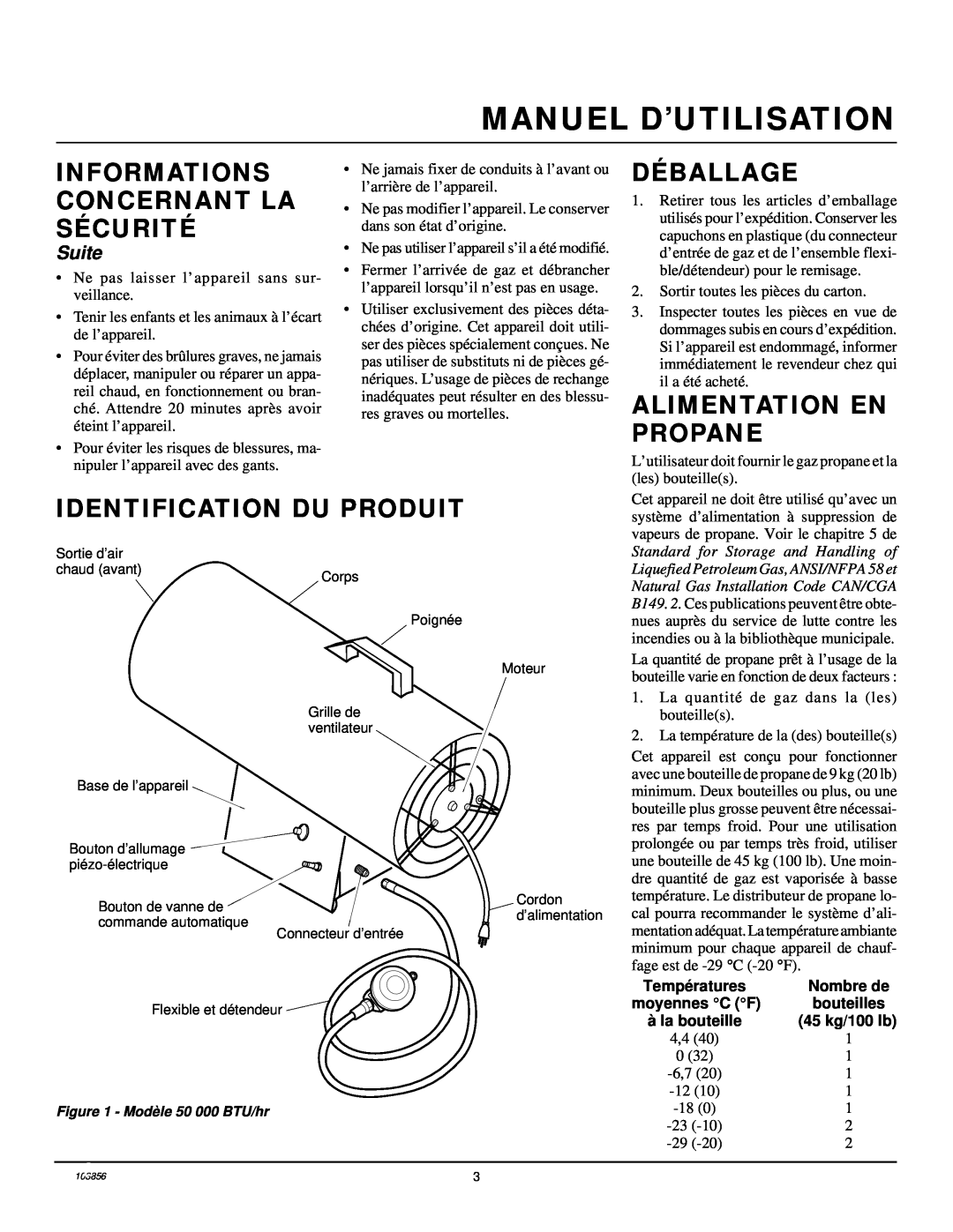 Desa RCLP50V owner manual Manuel D’Utilisation, Déballage, Alimentation En Propane, Identification Du Produit, Suite 