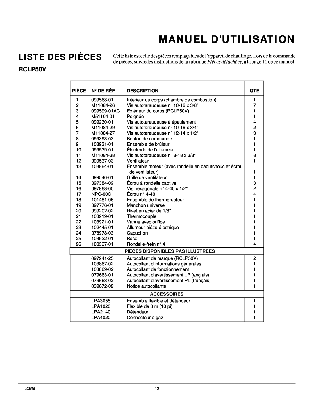 Desa RCLP50V Liste Des Pièces, Manuel D’Utilisation, N De Réf, Description, Pièces Disponibles Pas Illustrées, Accessoires 