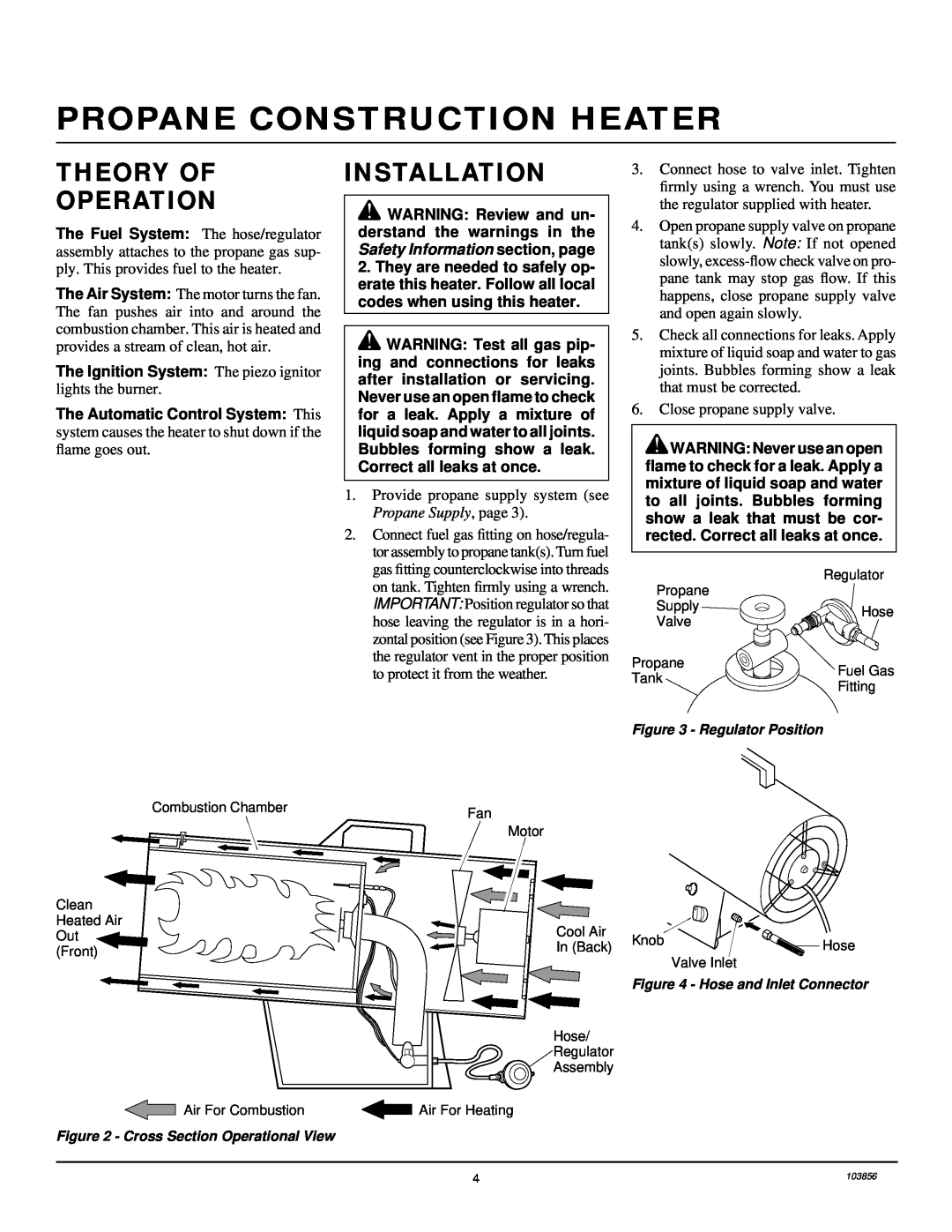 Desa RCLP50V owner manual Theory Of Operation, Installation, Propane Construction Heater 