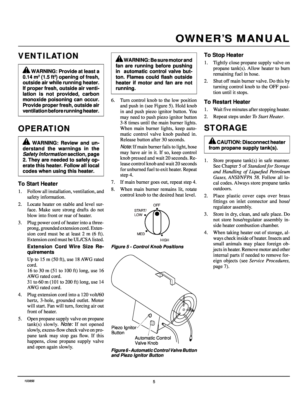 Desa RCLP50V owner manual Ventilation, Operation, Storage, To Start Heater, To Stop Heater, To Restart Heater 