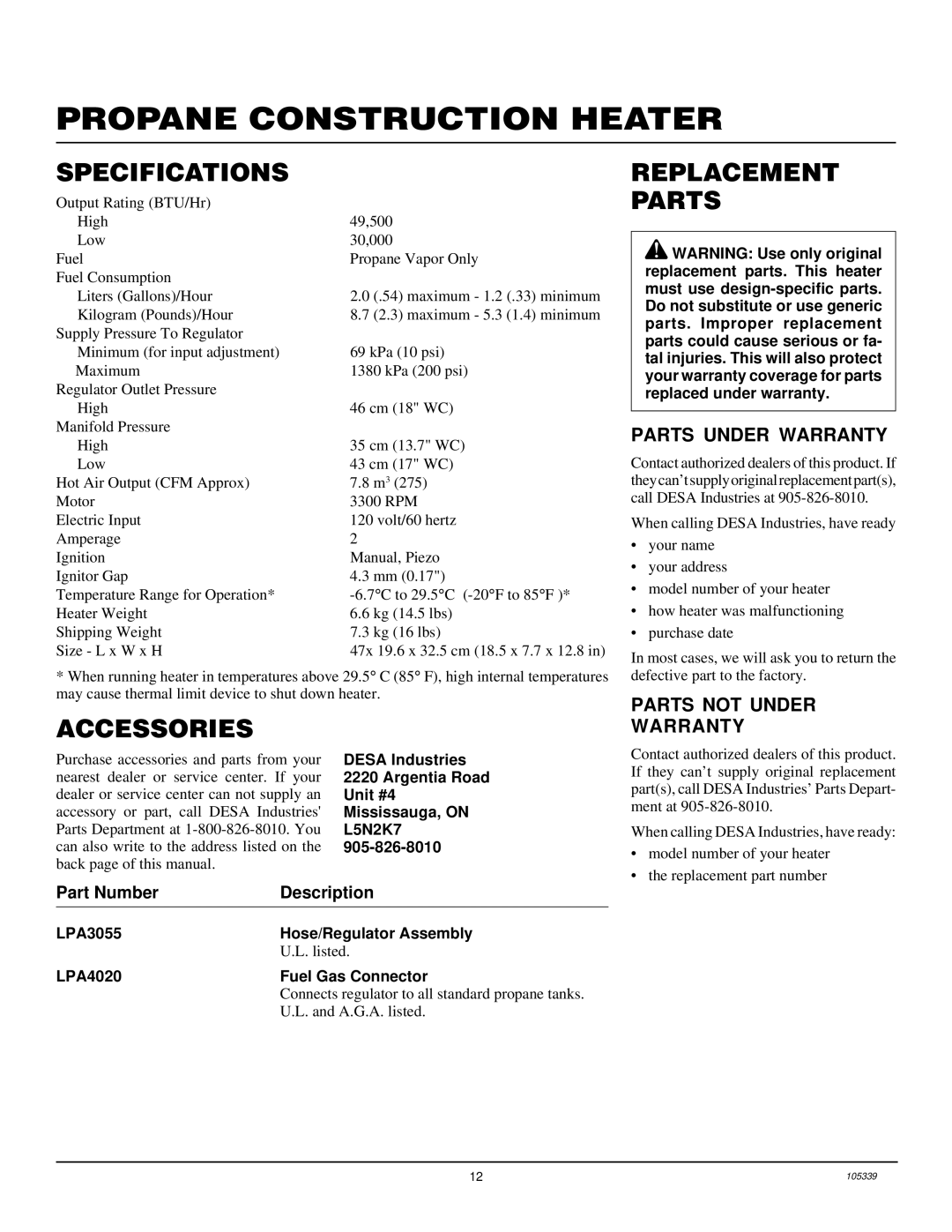 Desa RCLP50VA owner manual Specifications, Replacement Parts, Accessories, Parts Under Warranty, Parts not Under Warranty 