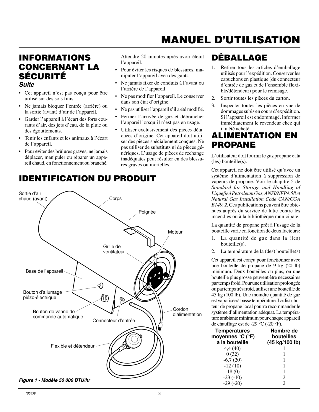 Desa RCLP50VA Déballage, Alimentation EN Propane, Identification DU Produit, Nombre de, Moyennes C F Bouteilles 