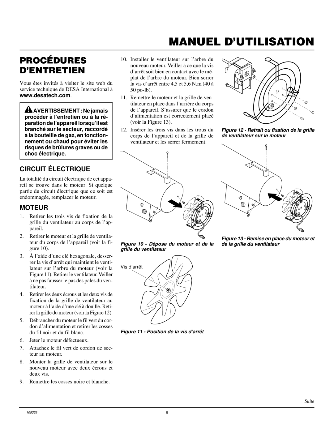 Desa RCLP50VA owner manual Procédures ’ENTRETIEN, Circuit Électrique, Moteur 