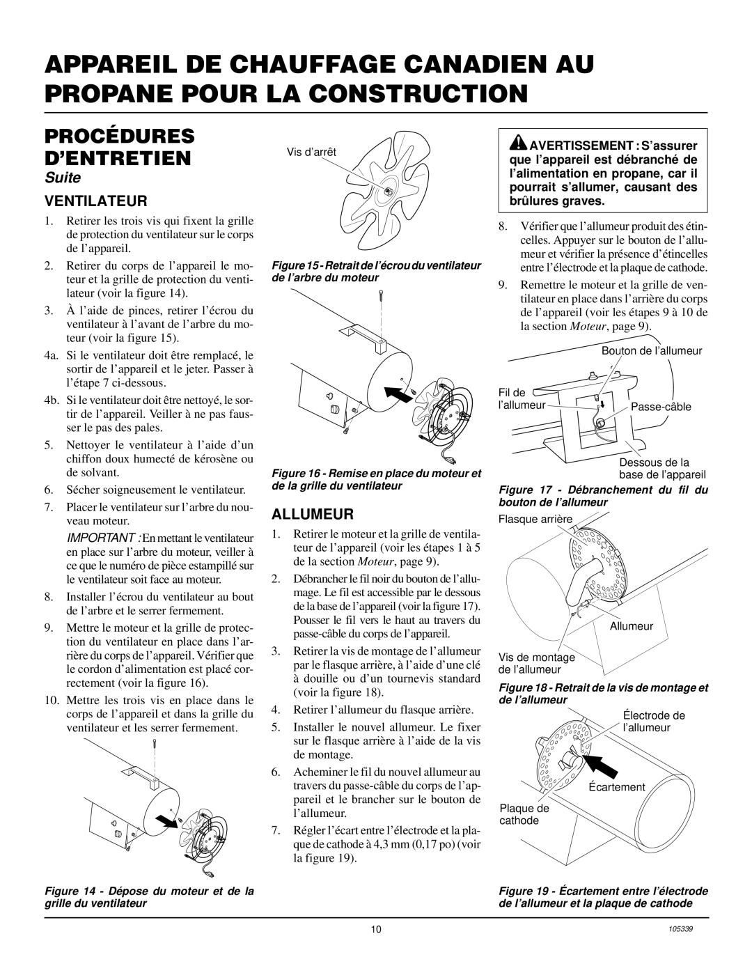 Desa RCLP50VA owner manual Ventilateur, Allumeur 