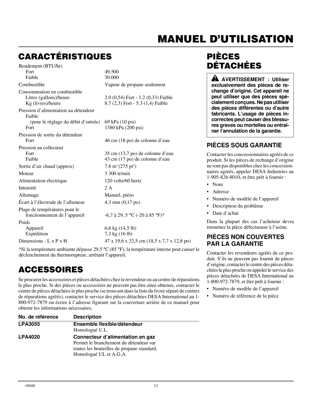 Desa RCLP50VA Caractéristiques, Accessoires, Pièces Détachées, Pièces Sous Garantie, Pièces NON Couvertes PAR LA Garantie 