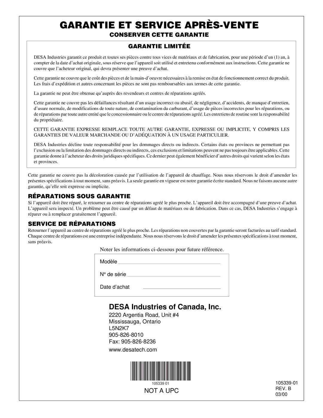 Desa RCLP50VA owner manual Conserver Cette Garantie Garantie Limitée, Réparations Sous Garantie, Service DE Réparations 