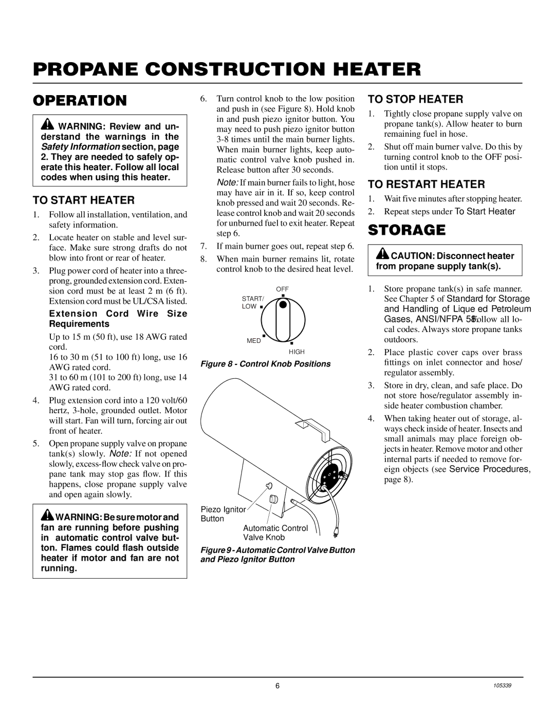 Desa RCLP50VA Storage, To Start Heater, To Stop Heater, To Restart Heater, Extension Cord Wire Size Requirements 