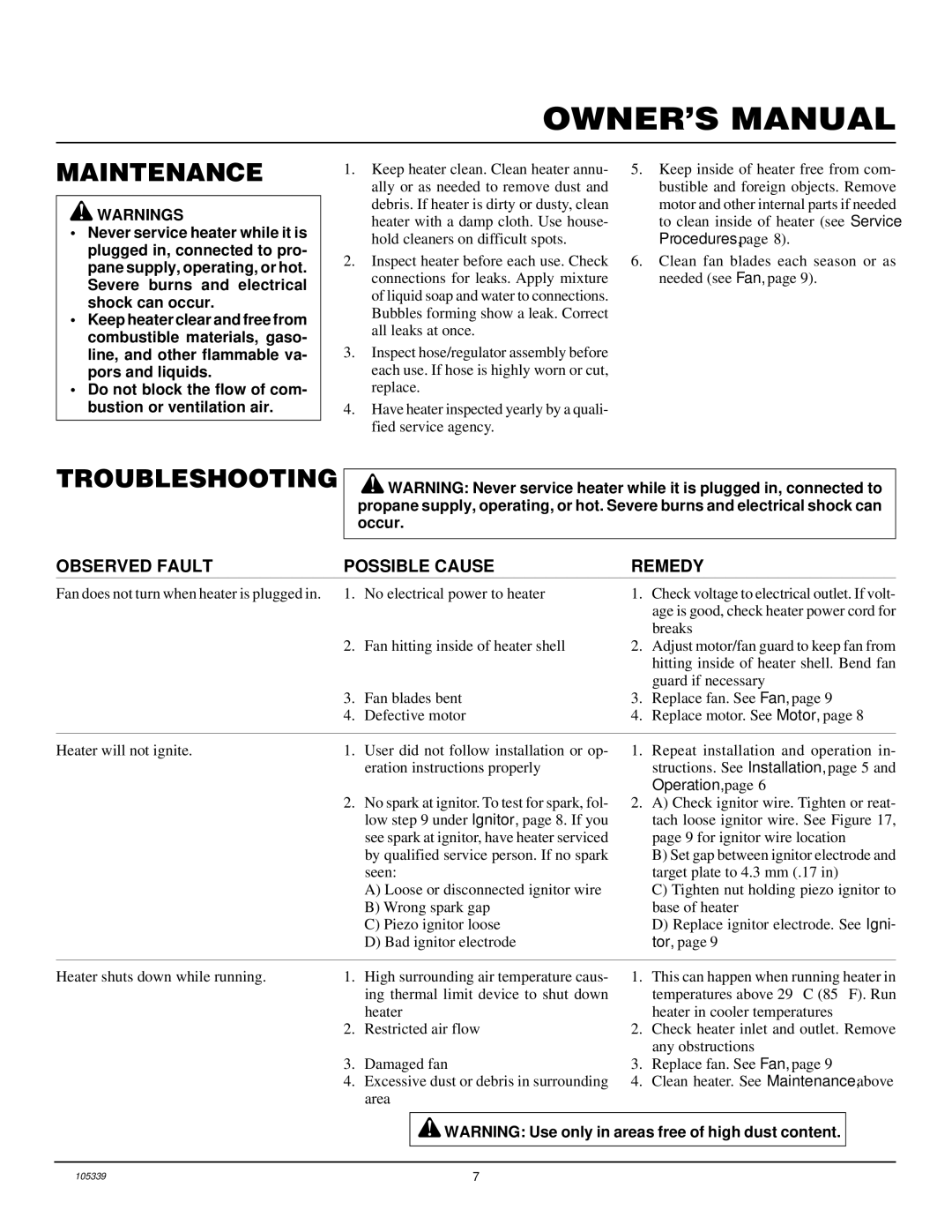 Desa RCLP50VA owner manual Maintenance, Troubleshooting, Observed Fault Possible Cause Remedy 