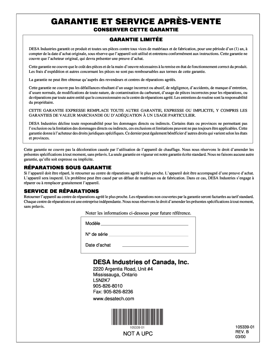 Desa RCLP50VA Garantie Et Service Après-Vente, DESA Industries of Canada, Inc, Not A Upc, Modèle N de série Date d’achat 