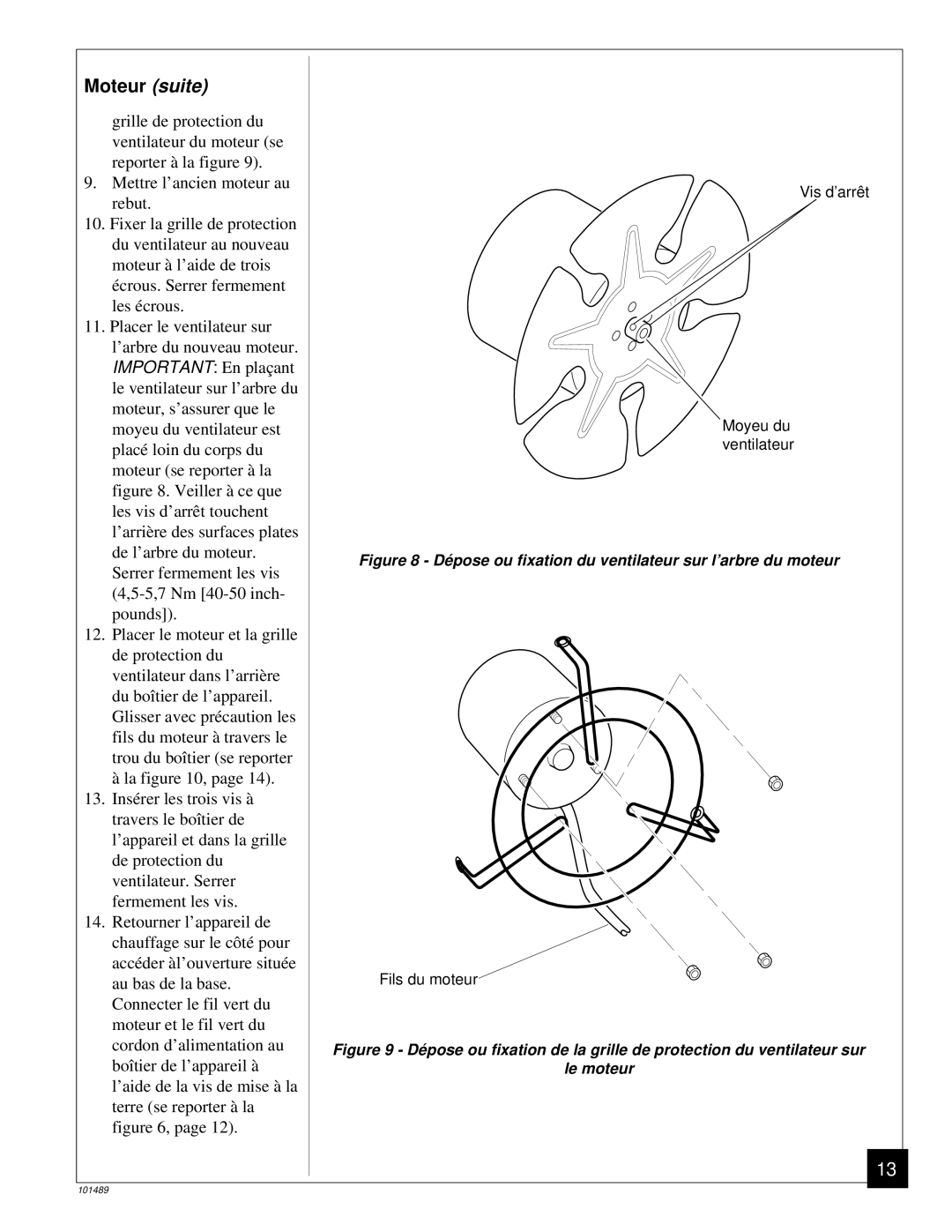 Desa RCP25 owner manual Moteur suite, Dé pose ou fixation du ventilateur sur l’arbre du moteur 