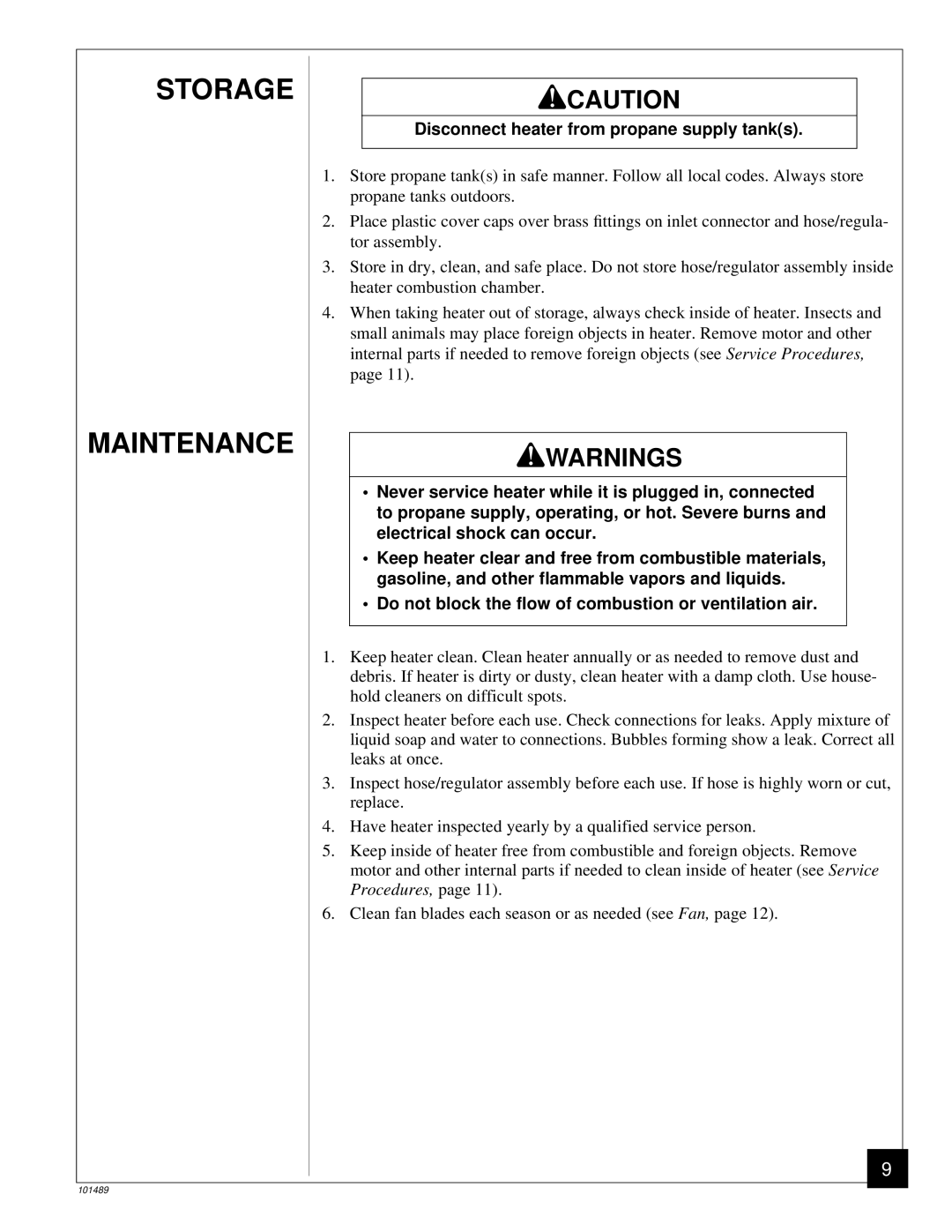 Desa RCP25 owner manual Storage Maintenance, Disconnect heater from propane supply tanks 