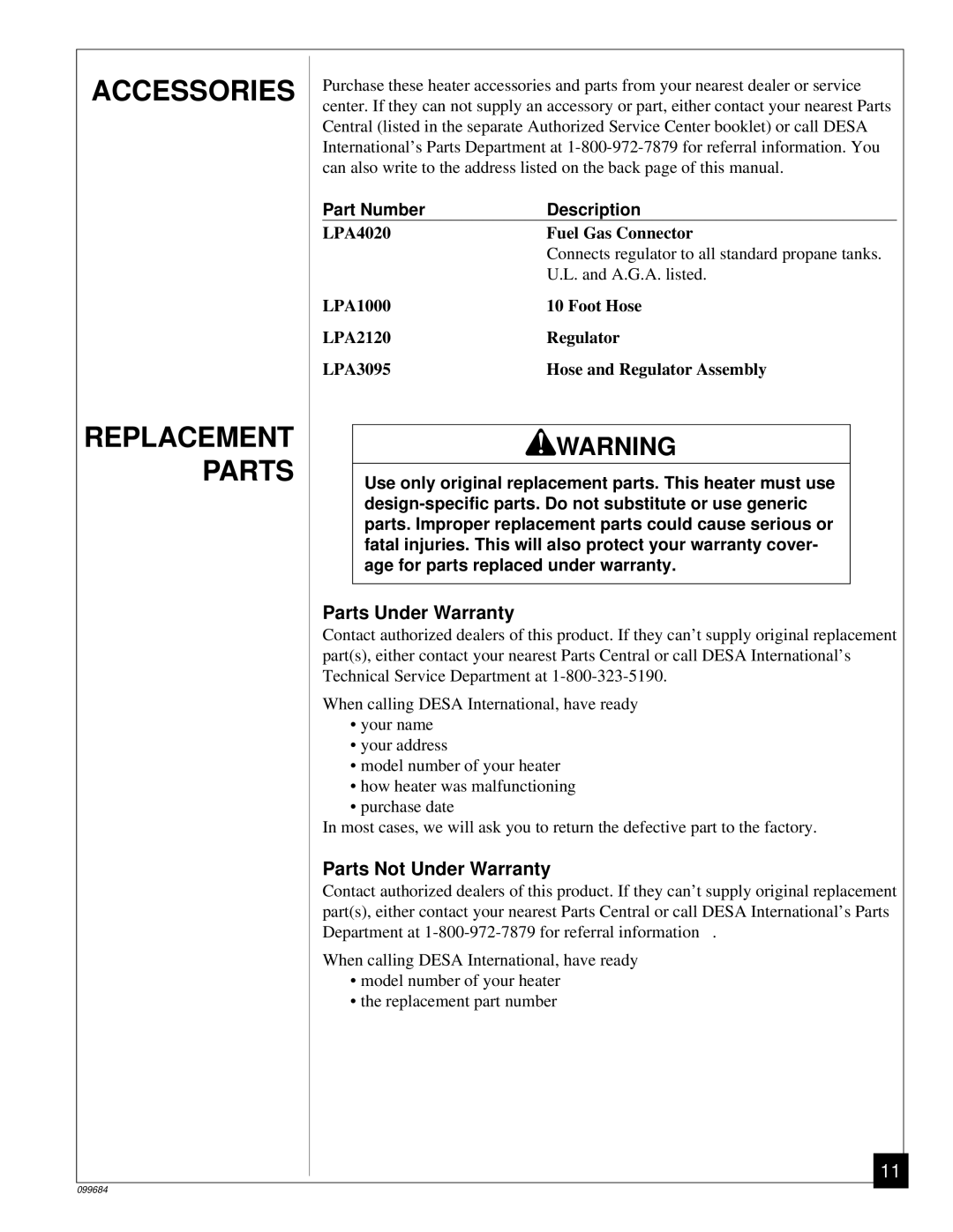 Desa TC80, RCP80 owner manual Accessories, Parts Under Warranty, Parts Not Under Warranty 