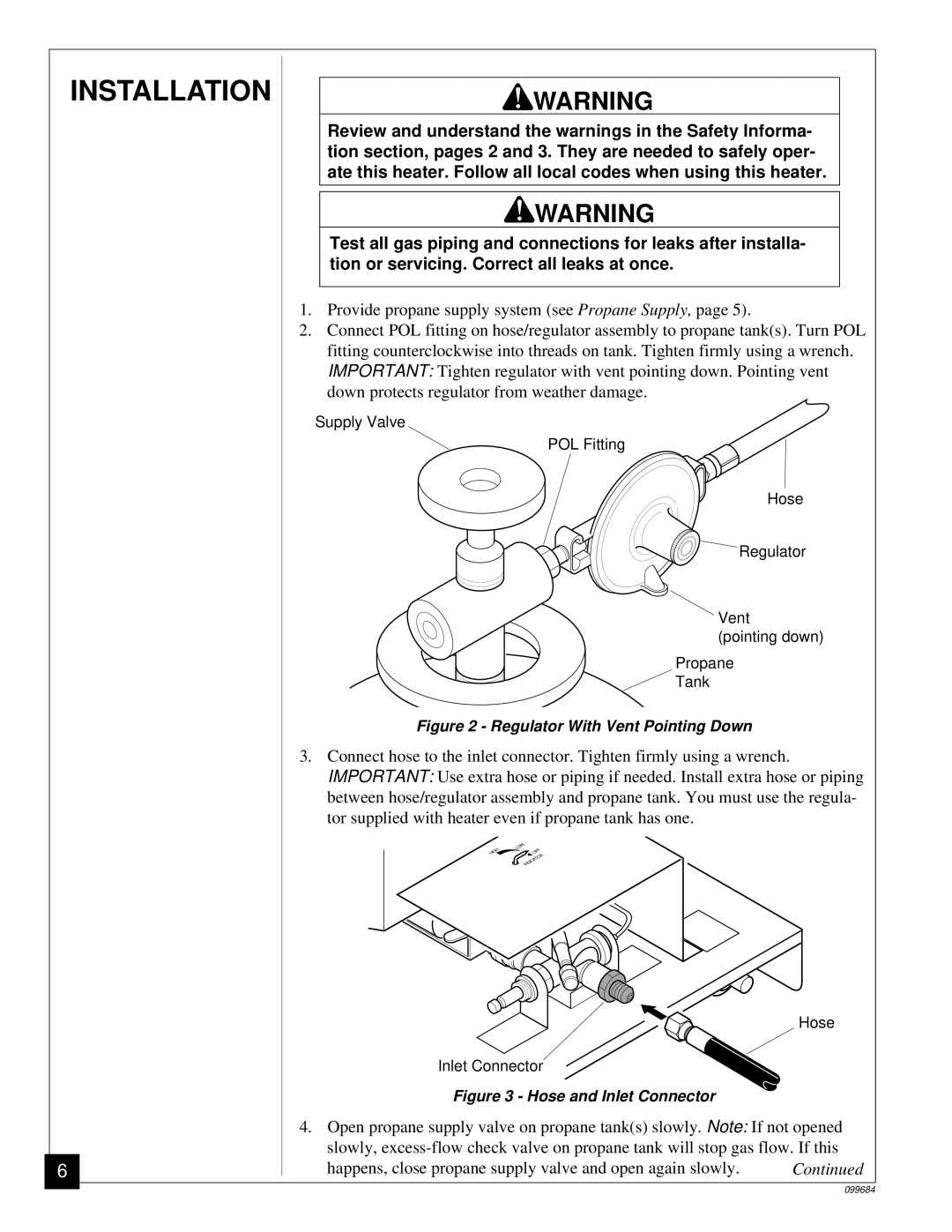 Desa RCP80, TC80 owner manual Installation, Regulator With Vent Pointing Down 