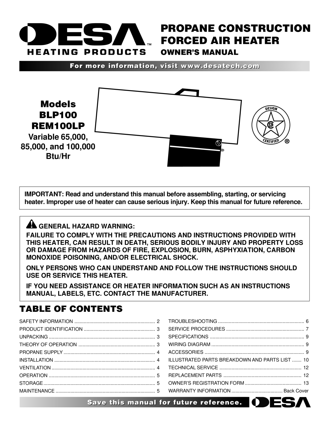 Desa BLP100, REM100LP owner manual Propane Construction Forced AIR Heater, Table of Contents 