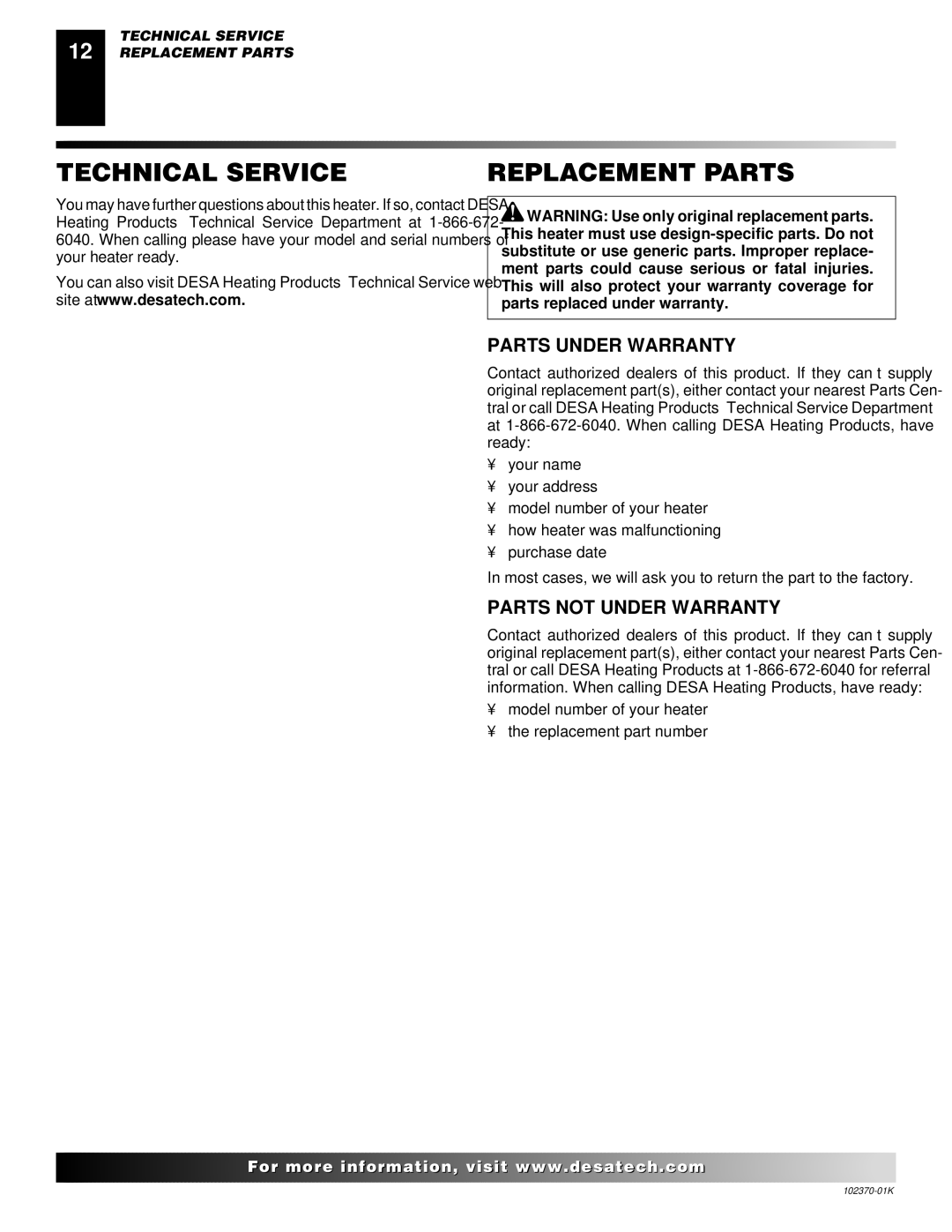 Desa REM100LP, BLP100 owner manual Technical Service Replacement Parts, Parts Under Warranty, Parts not Under Warranty 