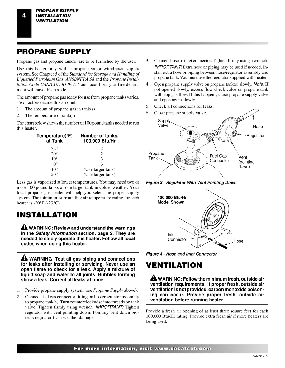 Desa REM100LP, BLP100 owner manual Propane Supply, Installation, Ventilation 