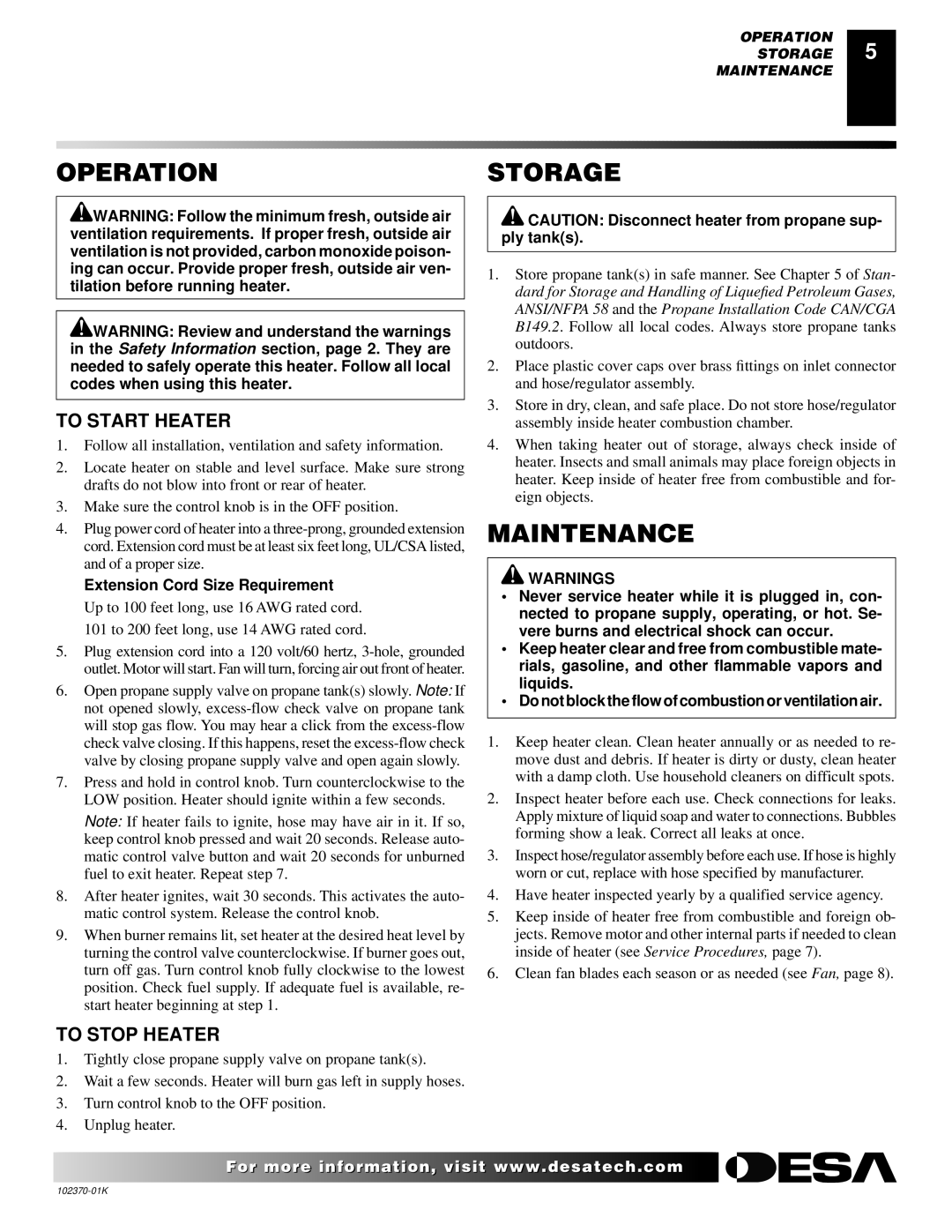 Desa BLP100, REM100LP owner manual Operationstorage, Maintenance, To Start Heater, To Stop Heater 