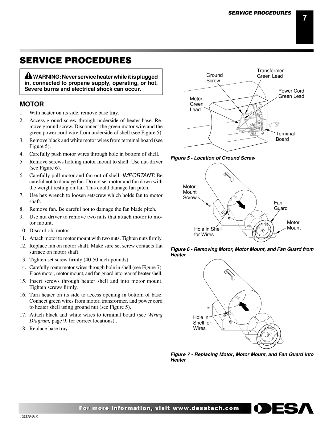 Desa BLP100, REM100LP owner manual Service Procedures, Motor 