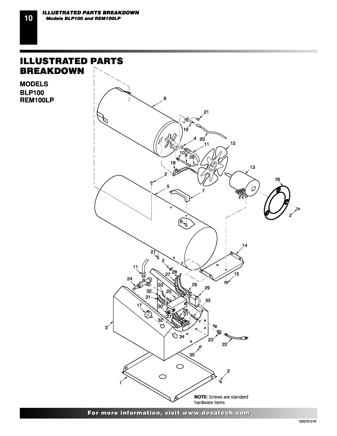 Desa owner manual Illustrated Parts Breakdown, Models BLP100 and REM100LP, 102370-01K 