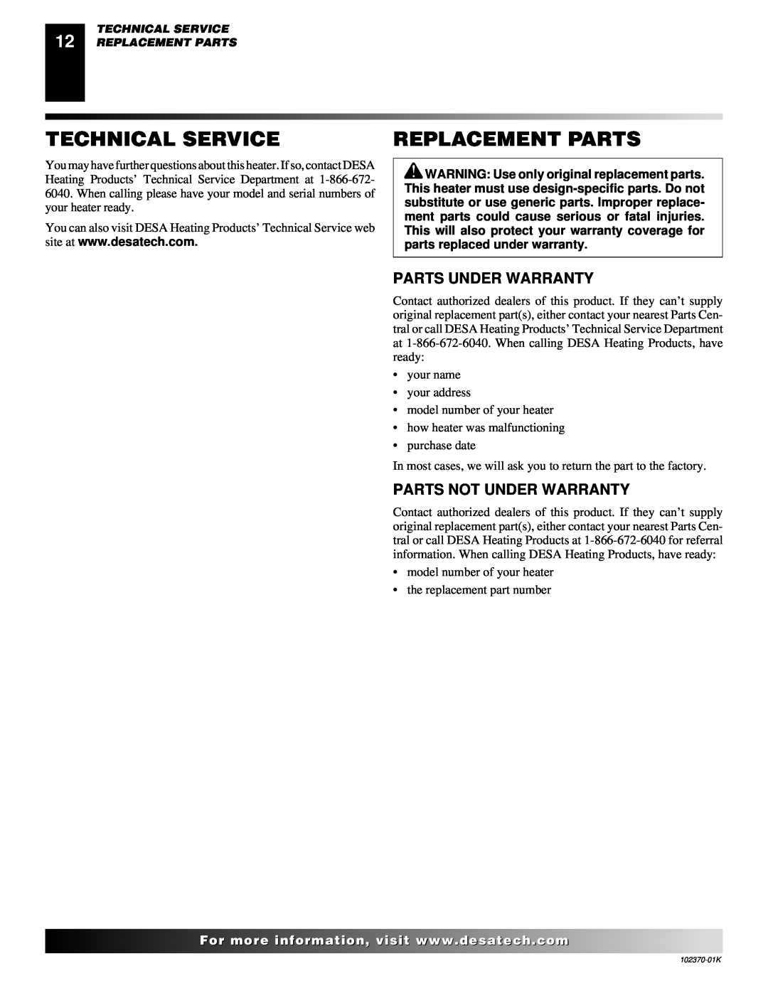 Desa REM100LP, BLP100 owner manual Technical Service, Replacement Parts, Parts Under Warranty, Parts Not Under Warranty 