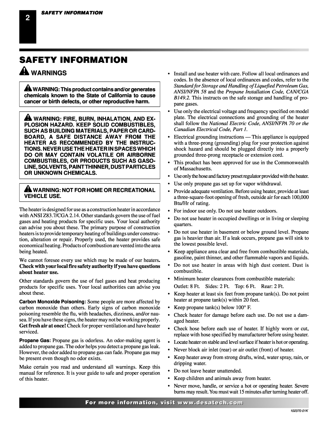 Desa REM100LP, BLP100 owner manual Safety Information, Warnings, Warning Not For Home Or Recreational Vehicle Use 