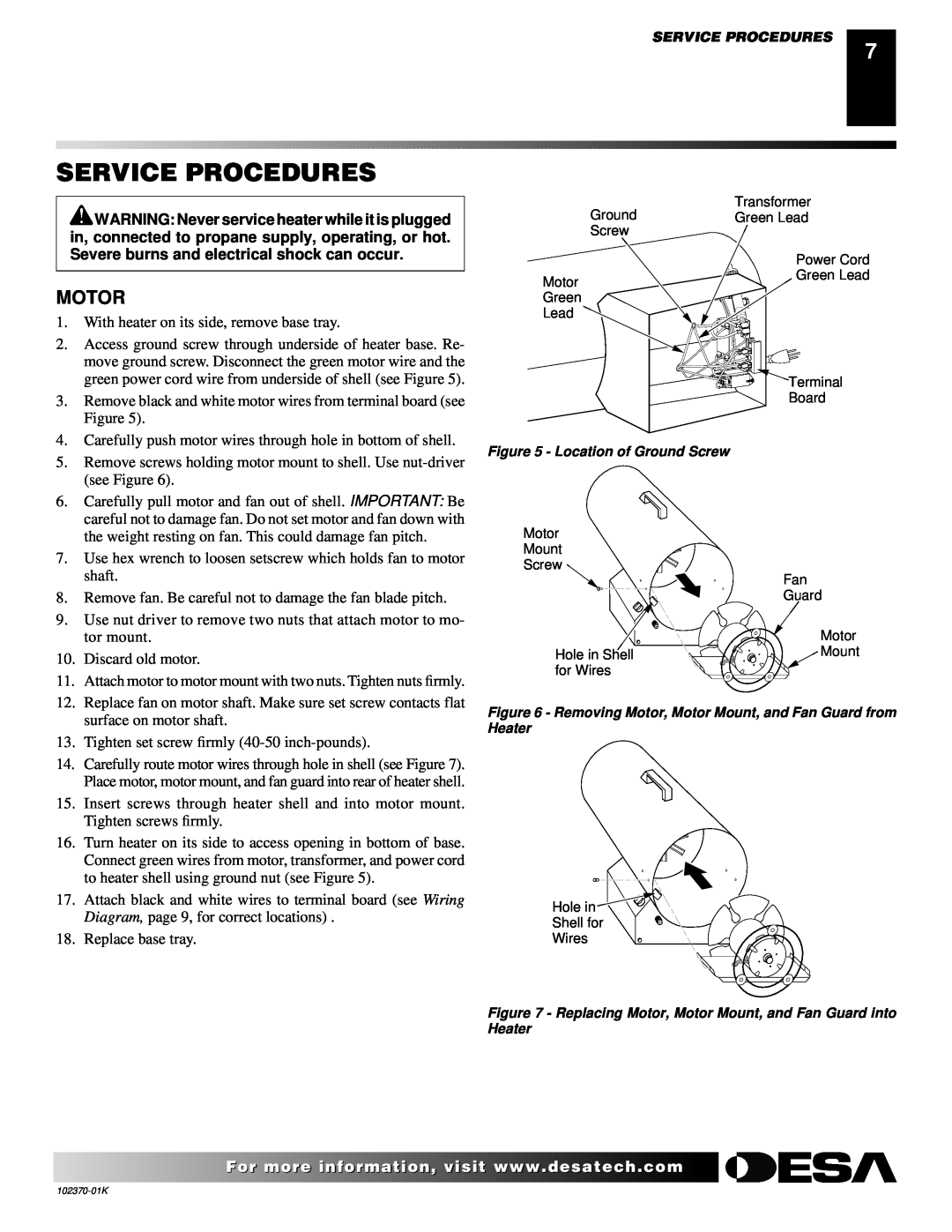 Desa BLP100, REM100LP owner manual Service Procedures, Motor 