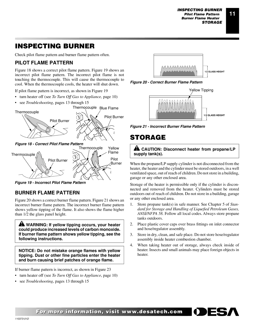 Desa REM10PT RH10PT installation manual Inspecting Burner, Storage, Pilot Flame Pattern, Burner Flame Pattern 